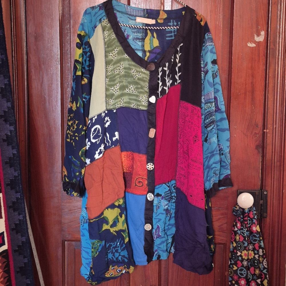 LA Cera Colorful Bohemian Button Down Top 4X Tunic Festival